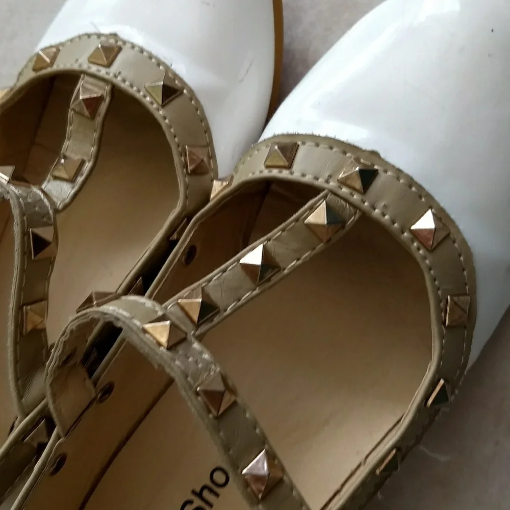 Girl's gold studded white t-strap dress shoes